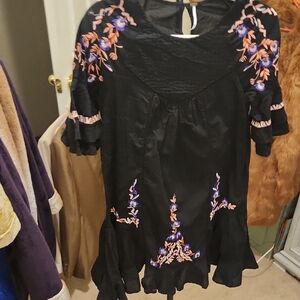 Free People Black Mini Dress with Floral Embroidery